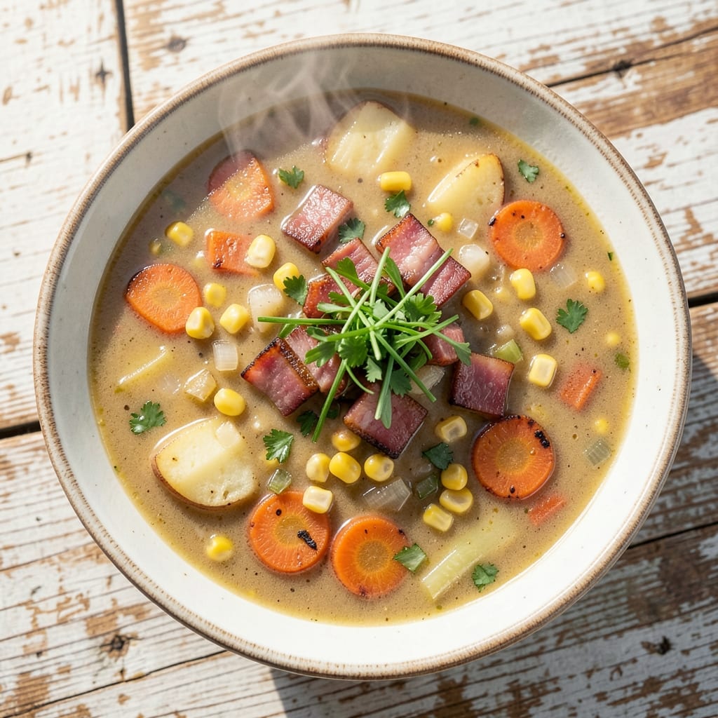 Amish Corn Chowder Soup Recipe: Buttery Creaminess With Smoky Ham and Peas