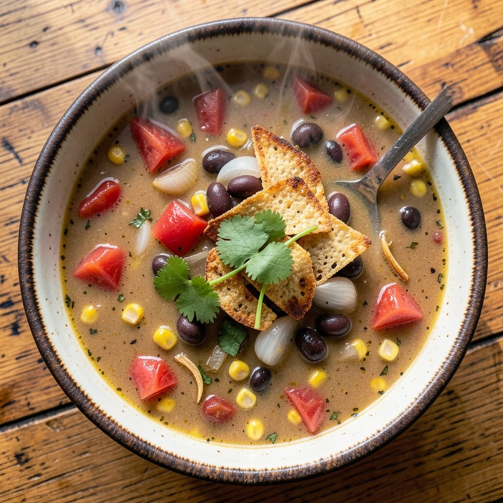Basic Tortilla Soup Recipe: Smoky Tomato-Black Bean Base With Crispy Toppings