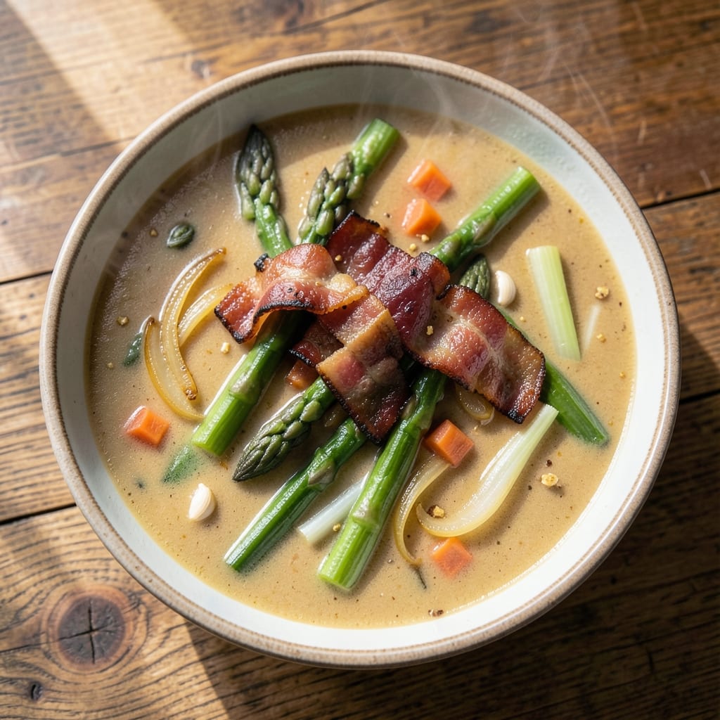 Asparagus Bacon Soup Recipe: Smoky Bacon Bites in Creamy Green Broth