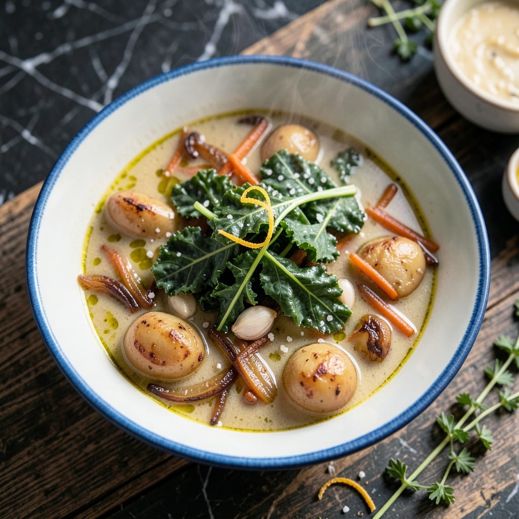 Azores Kale Soup Recipe: Herby Garlic Broth With Crispy Potato Topping