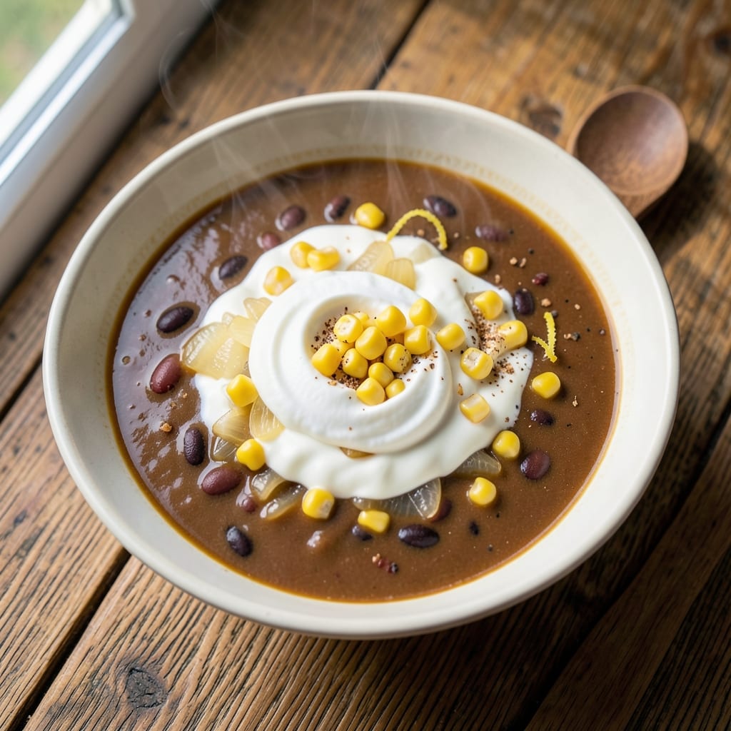 Beanland Soup Recipe: Smoky Black Bean and Corn Swirls in Creamy Broth