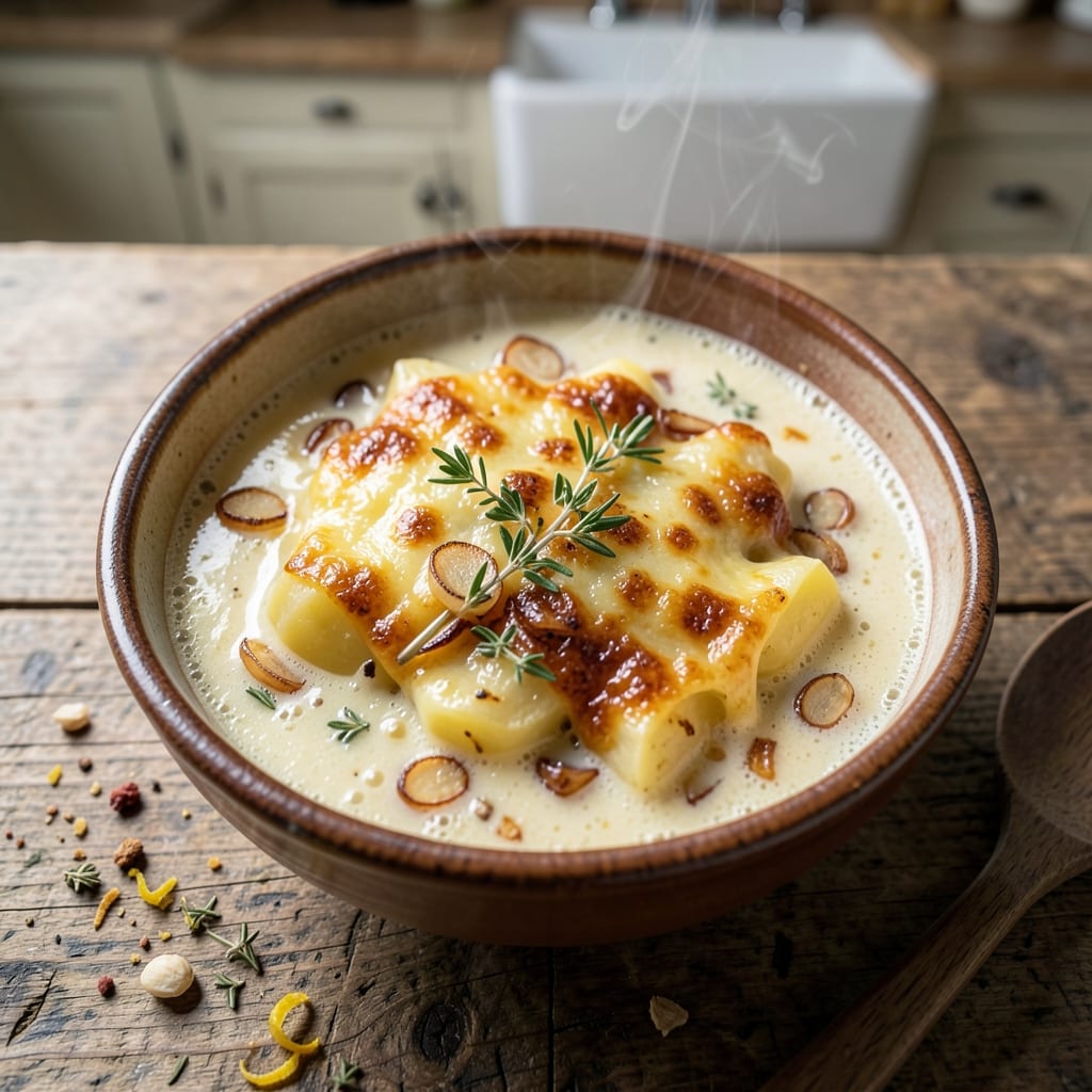 Au Gratin Potato Soup Recipe: Crispy Cheese Topping Meets Velvety Cheese Depth