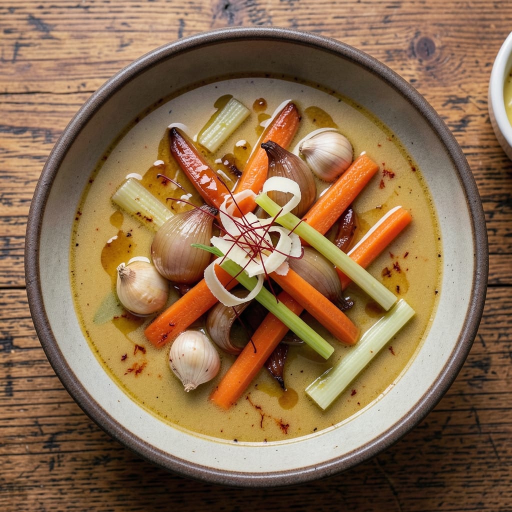 5 Star Vegetable Soup Recipe: Golden Saffron Swirls and Crispy Herb Garnish