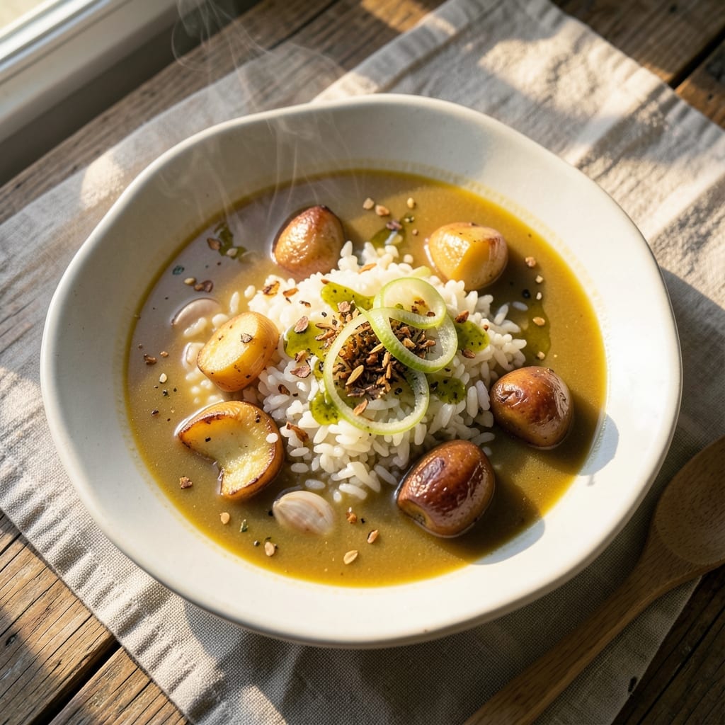 Acorda Soup Recipe: Crispy Potato Crowns Over Toasted Spice Broth