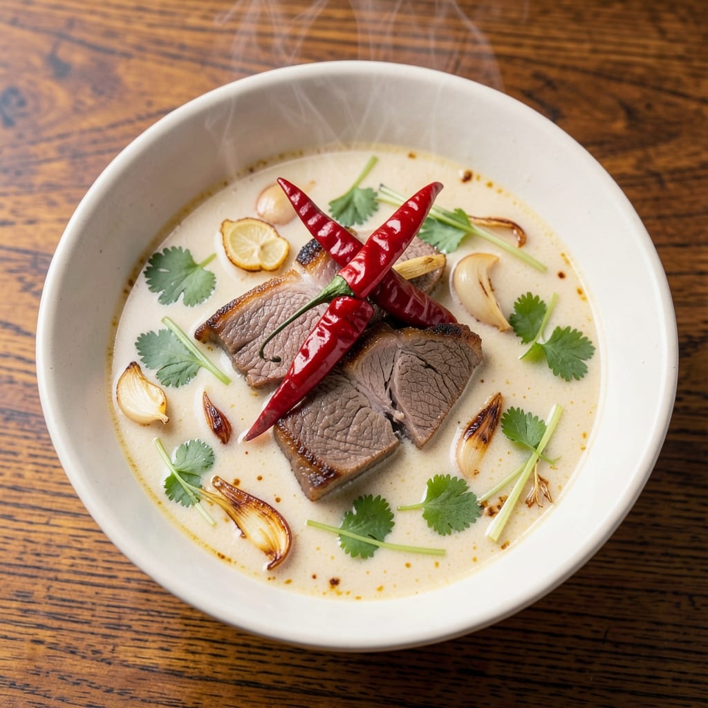 Beef Laksa Soup Recipe: Spicy Coconut Broth With Tender Beef and Crispy Prawn Crackers