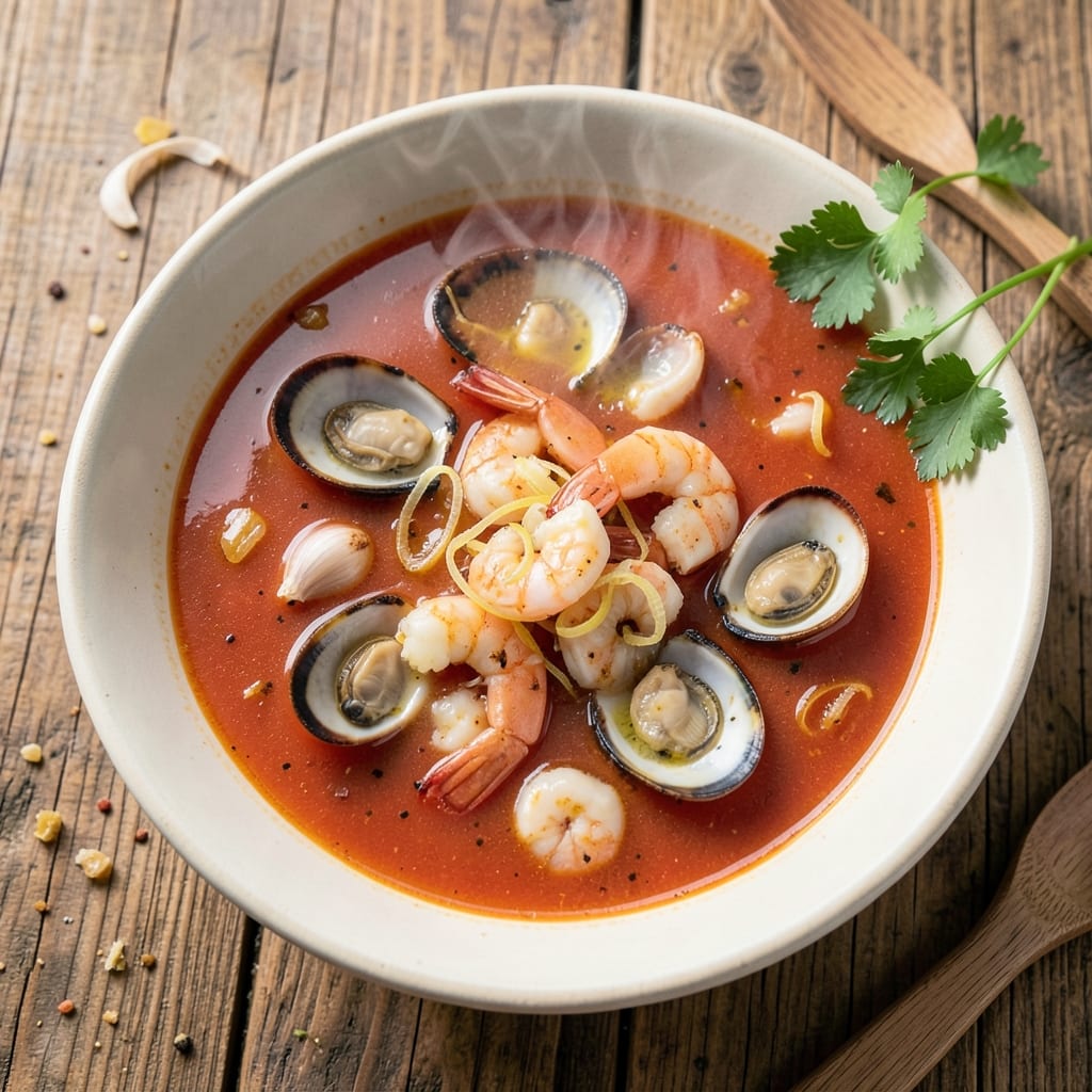 7 Seafood Soups Recipe: Braised Shrimp and Clams in Tomato-Basil Broth